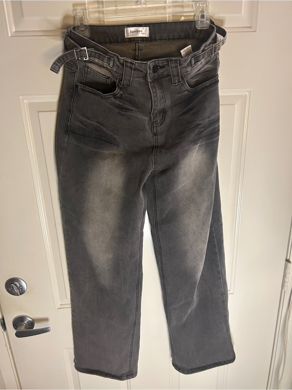 BAMBOO Junior Sz 7 Acid Wash Modern Cinch Waist Black Relaxed Jeans